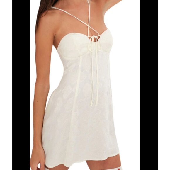 For Love & Lemons Melody Mini Dress Cream Medium 100% Authentic Floral Satin Jac - Picture 15 of 15